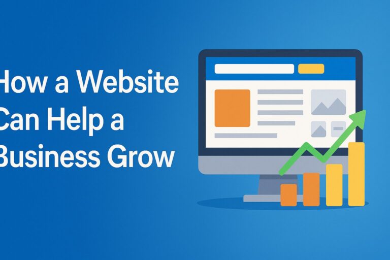 Illustration of a computer monitor displaying a business website with a growth chart and upward arrow, symbolizing how a website helps a business grow.