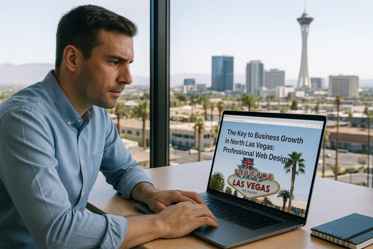 A man in a blue shirt working on a laptop in an office overlooking the North Las Vegas skyline, with the Stratosphere Tower visible outside and the screen displaying “The Key to Business Growth in North Las Vegas: Professional Web Design.”
