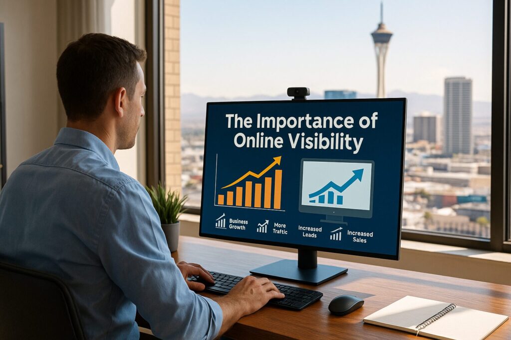 A man in a blue shirt working at a desk in front of a widescreen monitor displaying “The Importance of Online Visibility” with growth charts, overlooking the Las Vegas skyline.