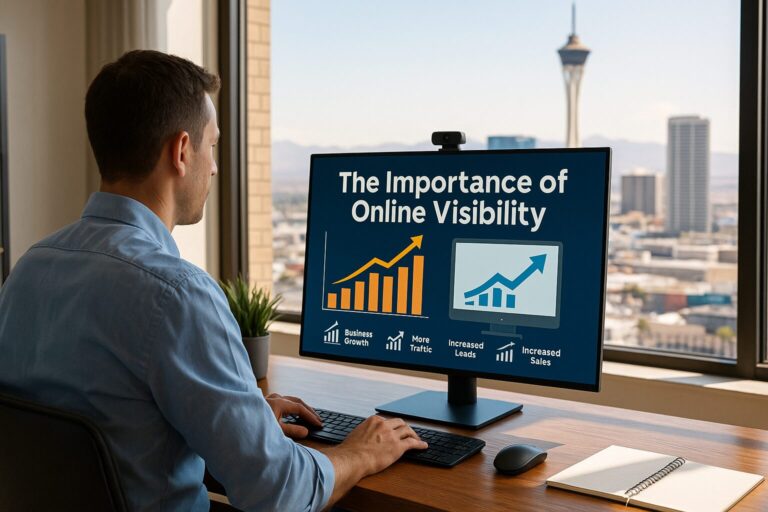 A man in a blue shirt working at a desk in front of a widescreen monitor displaying “The Importance of Online Visibility” with growth charts, overlooking the Las Vegas skyline.