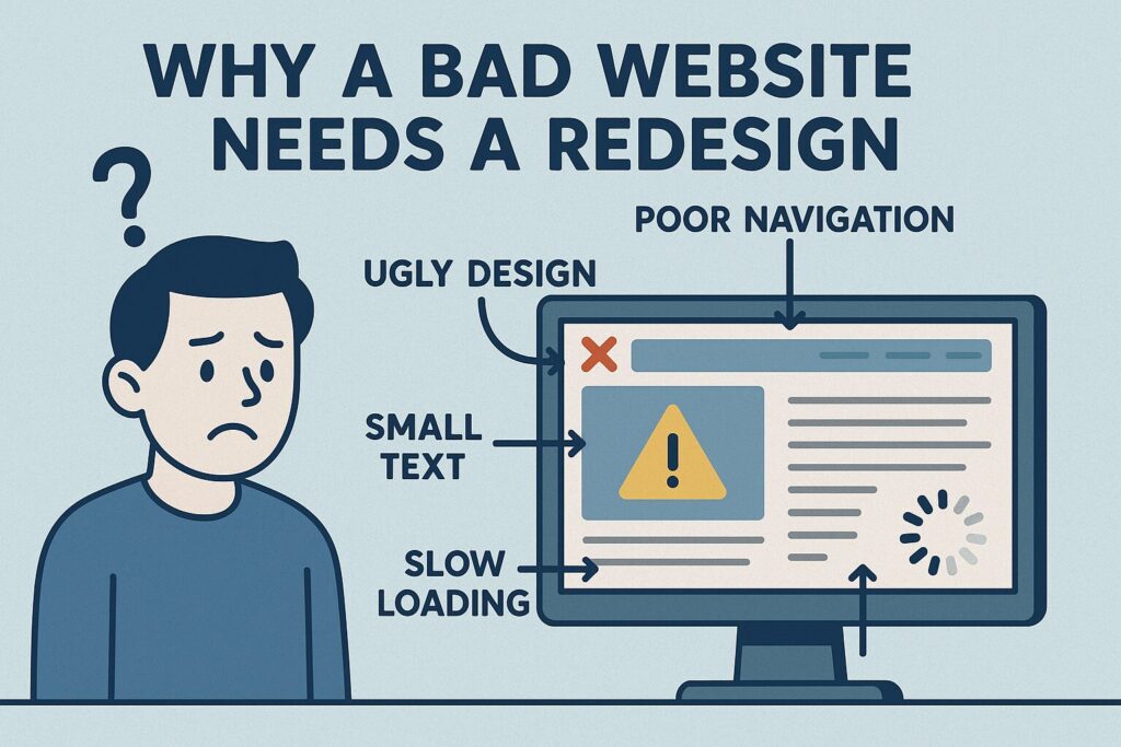 Illustration of a frustrated person looking at a computer screen showing a poorly designed website with labels highlighting issues such as poor navigation, ugly design, small text, and slow loading.
