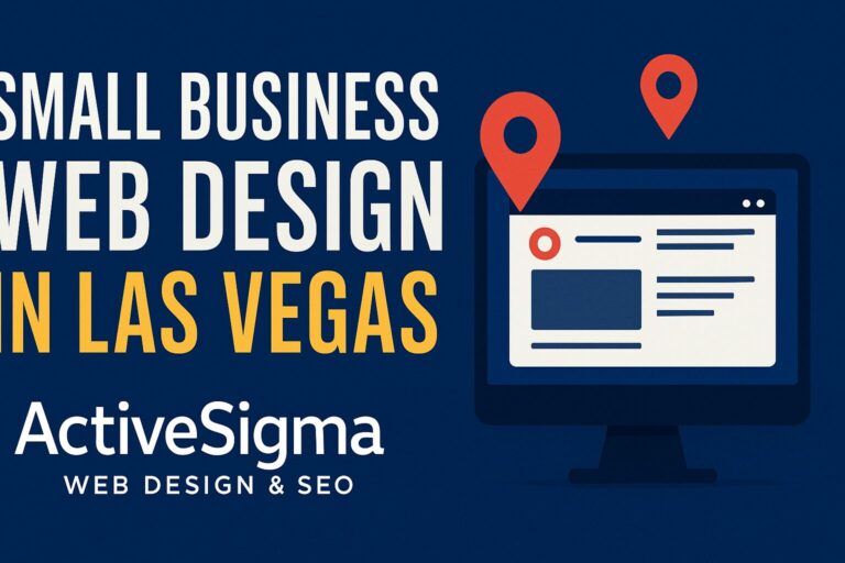 Digital graphic for ActiveSigma Web Design & SEO promoting small business web design in Las Vegas, featuring bold text and a computer monitor with location map pins.