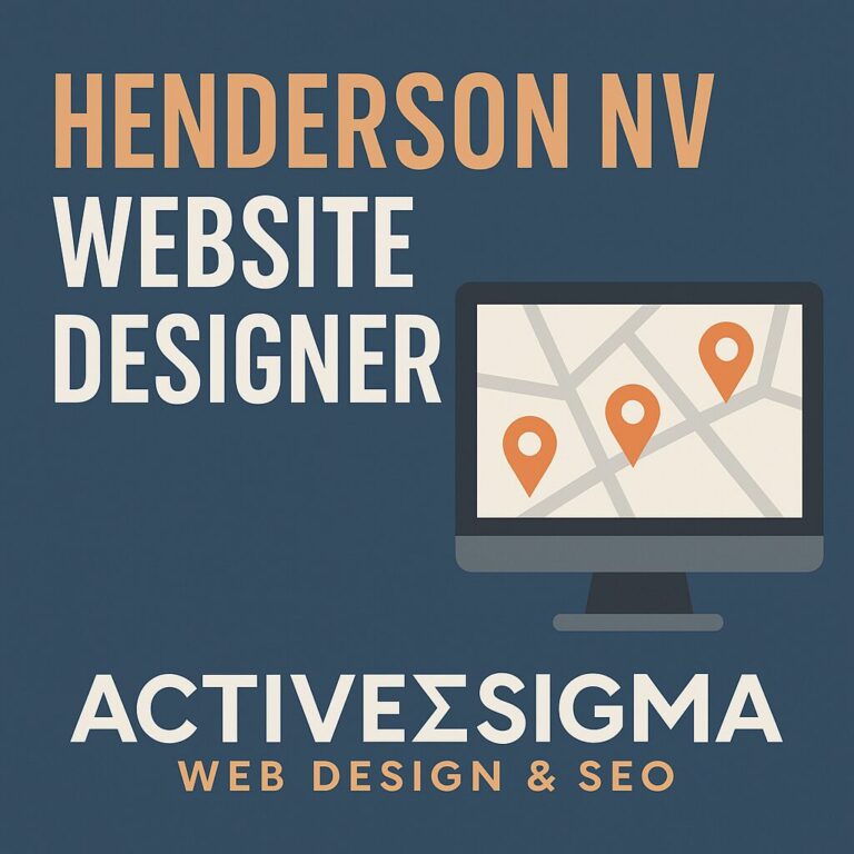 Graphic for ActiveSigma Web Design & SEO promoting Henderson NV website designer services, featuring bold text and a computer monitor with map location pins.