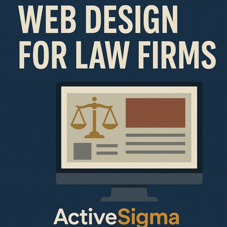 ActiveSigma web design ad for law firms showing a computer monitor with a justice scale icon and bold text reading 'Web Design for Law Firms'