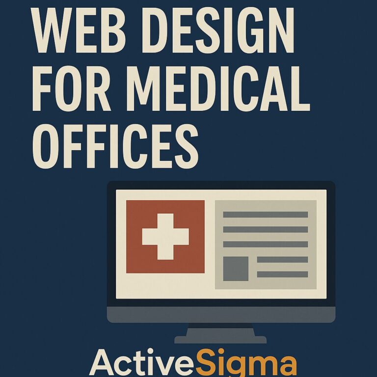 ActiveSigma web design ad for medical offices featuring bold text, a computer monitor with a medical cross symbol, and clean website mockup graphics.