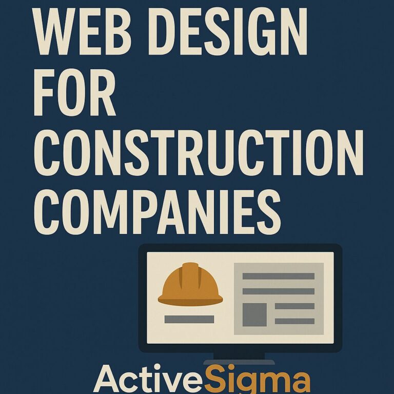 ActiveSigma web design ad for construction companies featuring bold text, a computer monitor with a hard hat icon, and professional website mockup graphics.