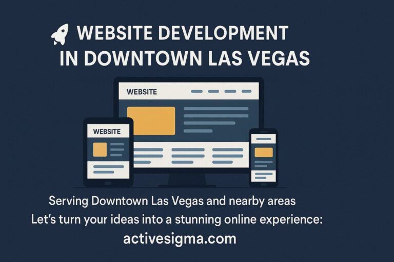 Team working on modern website development in Downtown Las Vegas with computers, design screens, and creative workspace for local businesses